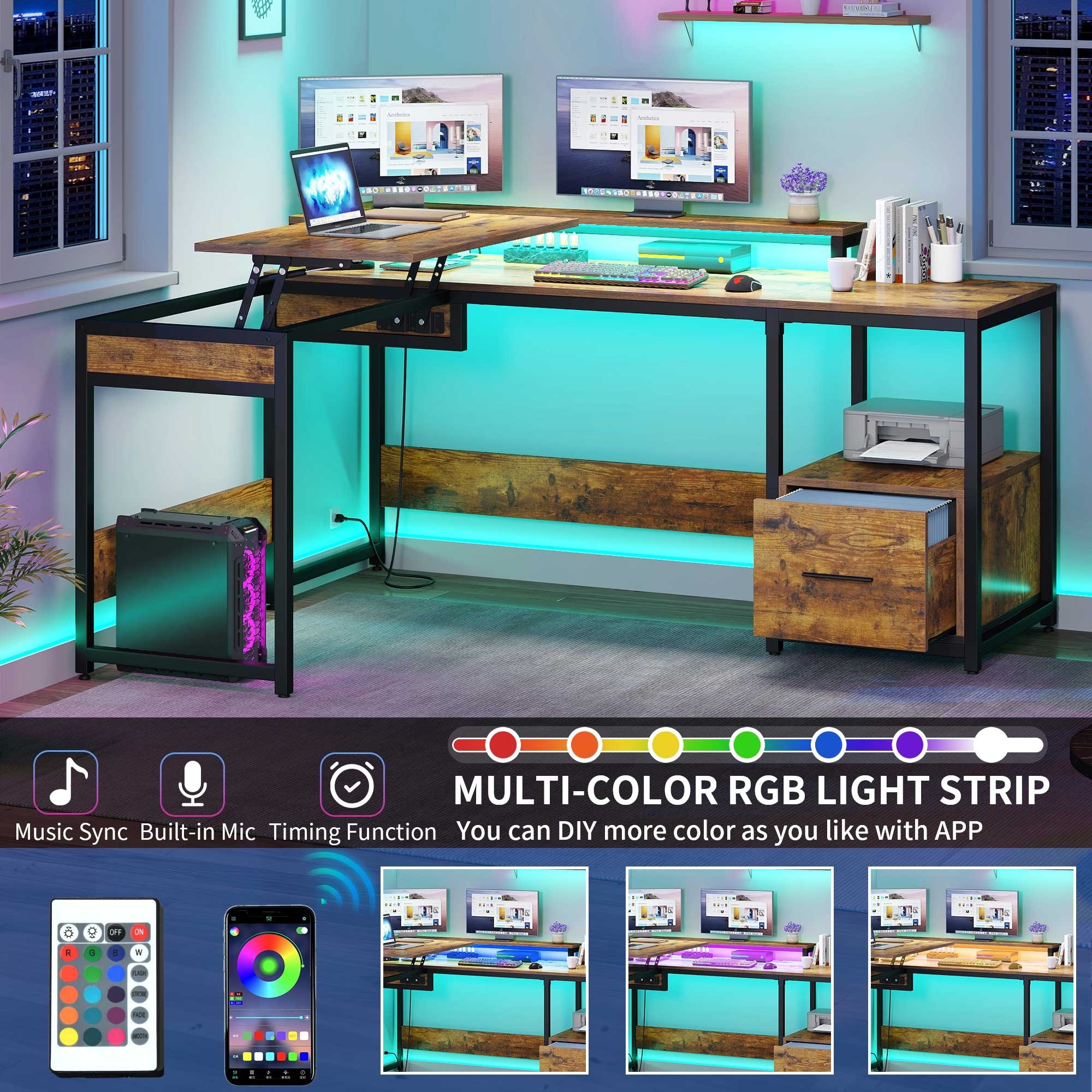 Moasis L Shaped Office Desk with File Drawer \u0026 Lift Top Computer Desk with  Power Outlets \u0026 LED Lights, image size:2000x2000