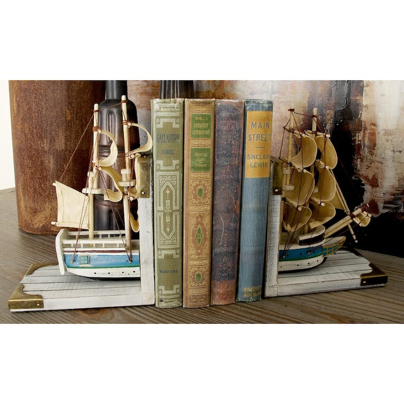 White Wood Sail Boat Decorative Bookends with Real Boat Rigging and Gold Corners (Set of 2)