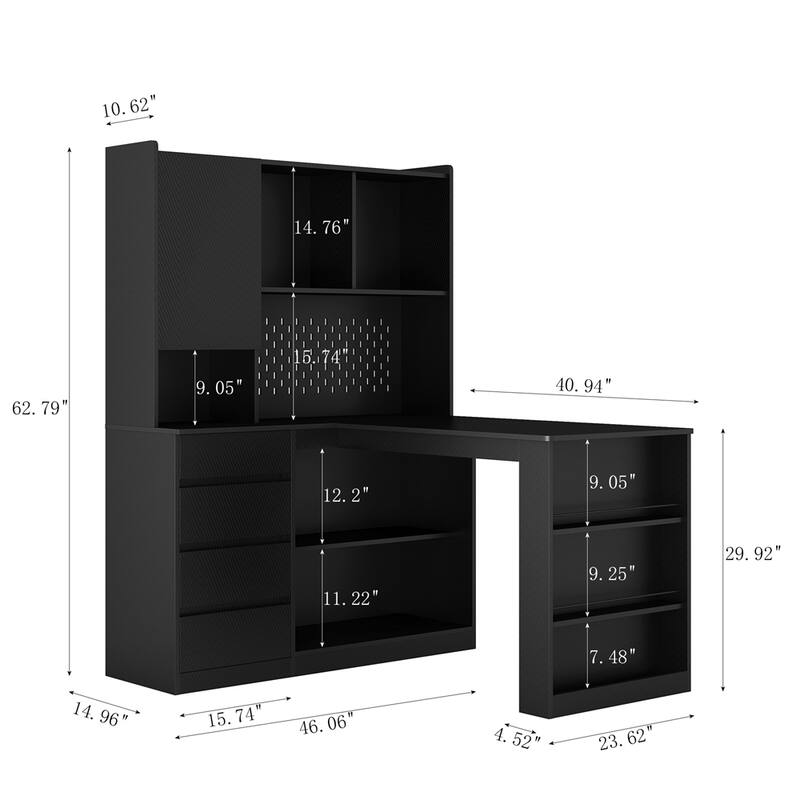 L Shaped Desk,Computer Desk with Drawers,Bookshelf & Hutch,w/LED Light - Black