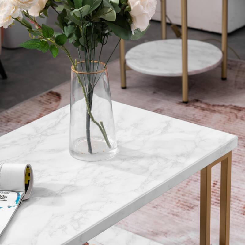 White and Gold Rounded Coffee Table with Faux Marble Top and Metal Legs Perfect for Living Room - 39.73 x 20.08 x 18.11