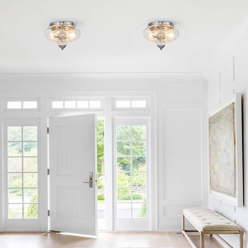 Modern Farmhouse 2-light Water Pattern Hammered Glass Flush Mount 9in