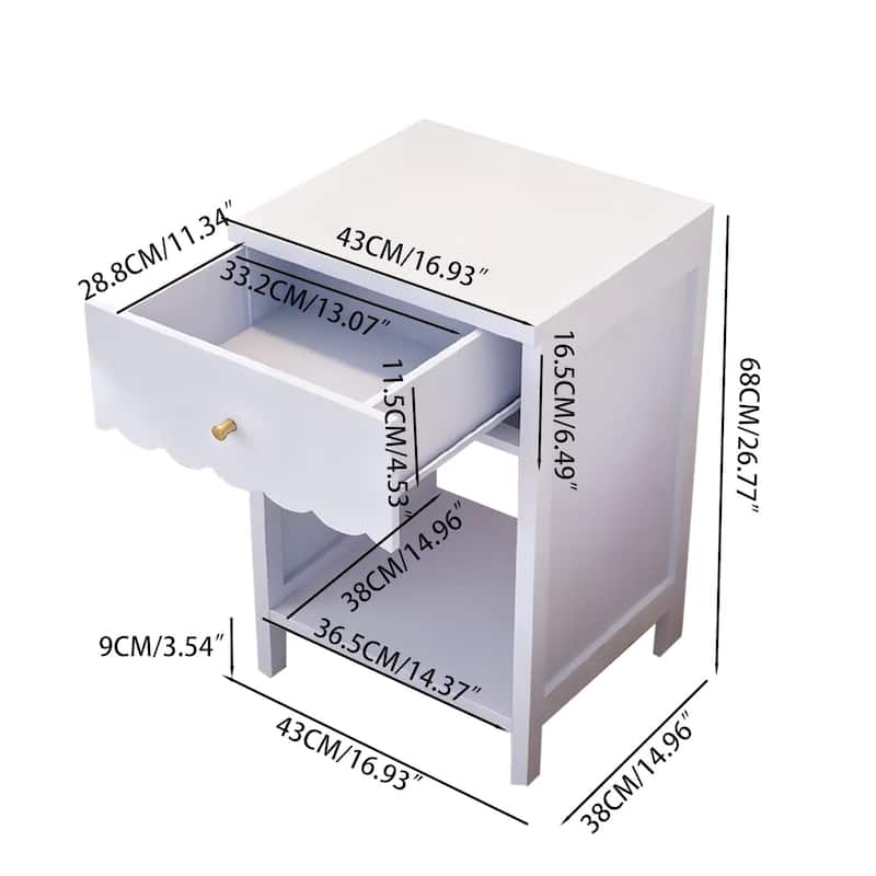 Anmytek Scalloped Edge Bedside Table Modern Storage Nightstand with Drawer Open Shelf