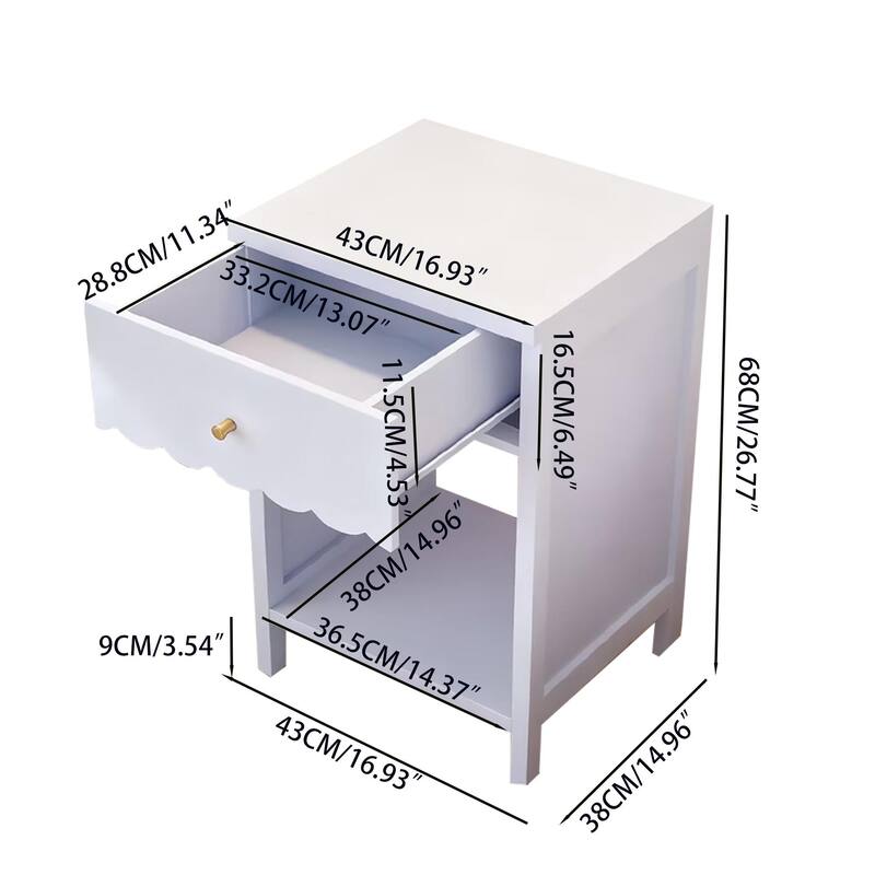 Modern Nightstand with Drawer and Open Shelf, Scalloped Edge Bedside Table for Bedroom, Cute Minimalist Side Table