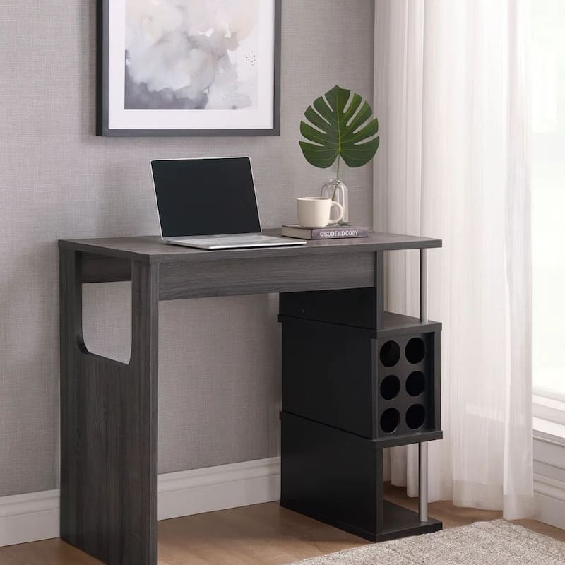 Transitional Style Wooden Bar Table with 3 Tier Side Shelves, Gray