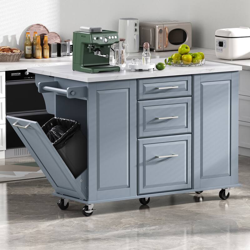 50.7" Kitchen Island with Drop Leaf, Pull Out Cabinet Organizer, Rolling Wheels, Trash Bin and 2 Drawers