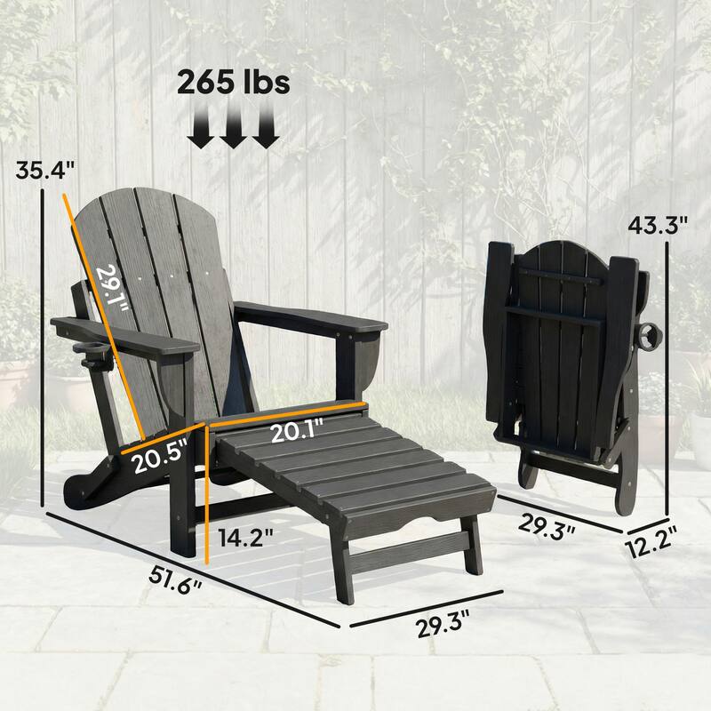 Outsunny Folding Adirondack Chair Set of 2, Outdoor HDPE Fire Pit Chair with Retractable Ottoman