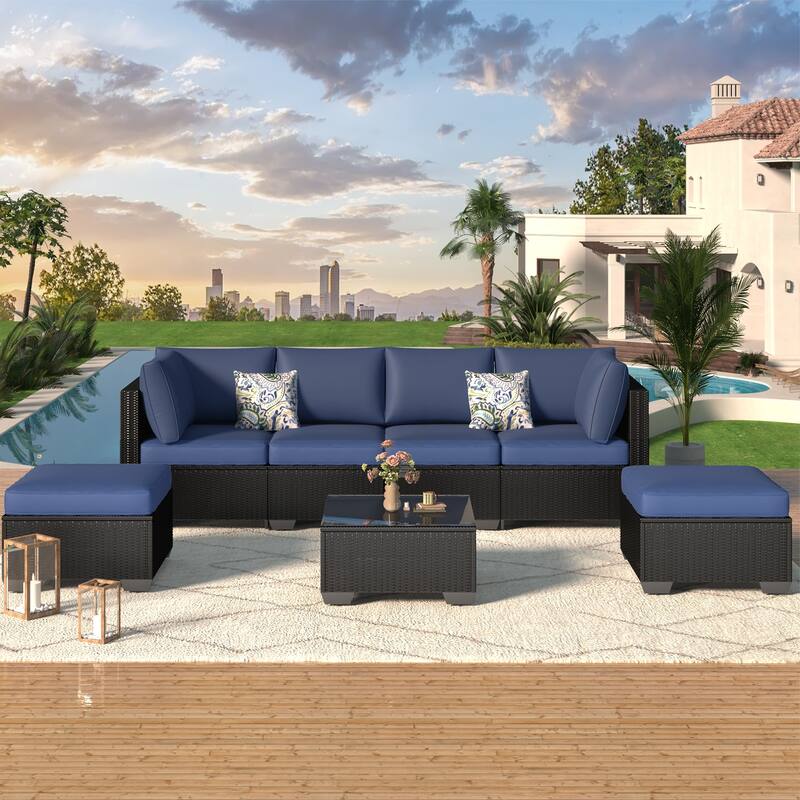 AECOJOY 7 Piece Outdoor Patio Furniture Set, PE Rattan Outdoor Wicker Sectional Furniture Chair Set with Cushions and Tea Table - Dark Blue&Black Rattan