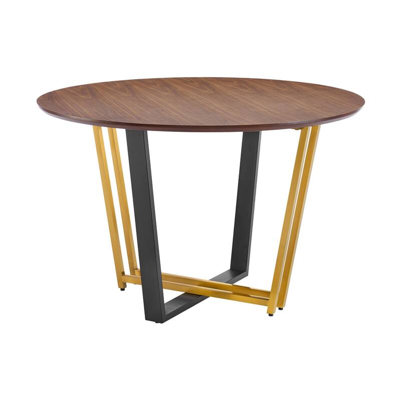 Leyne 48 Inch Round Dining Table, Gold Steel and Black Iron, Walnut Veneer - Walnut Brown, Black, Gold