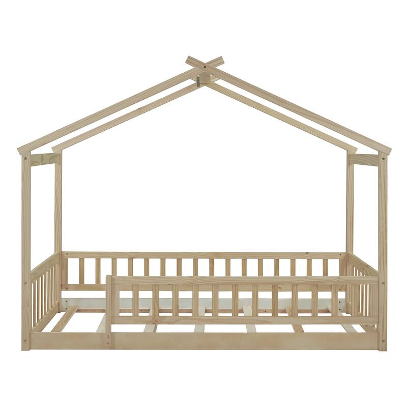 Wood Bed House Bed Frame with Fence for Kids