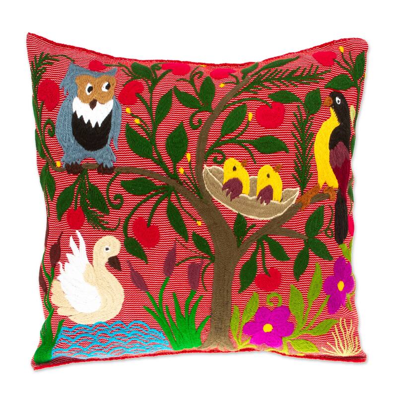 Novica Handmade Jungle Wings Embroidered Cotton Cushion Cover