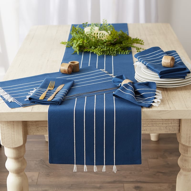 Gray and White Stripe Tassel Table Runner 14x72