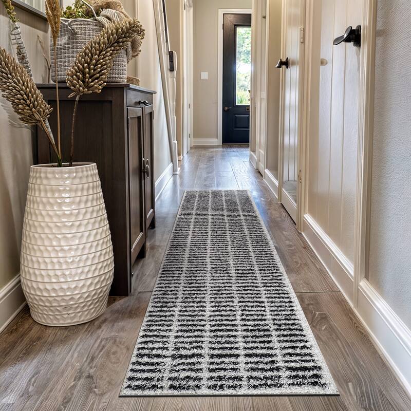 Bohemian Stripe Lines Shag Rug - Textured Surface - Anthracite Dark Gray - Easy to Clean - White - 2' 3" x 12'