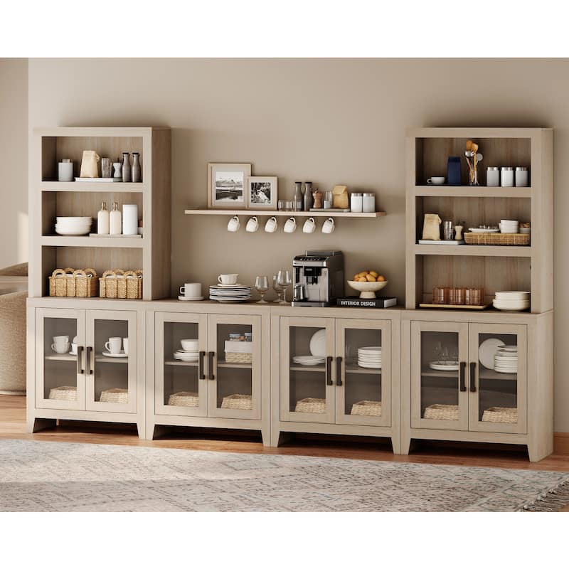 WAMPAT Farmhouse Entertainment Center with Bookshelves, Modular TV Stand with Storage Cabinets & Glass Doors