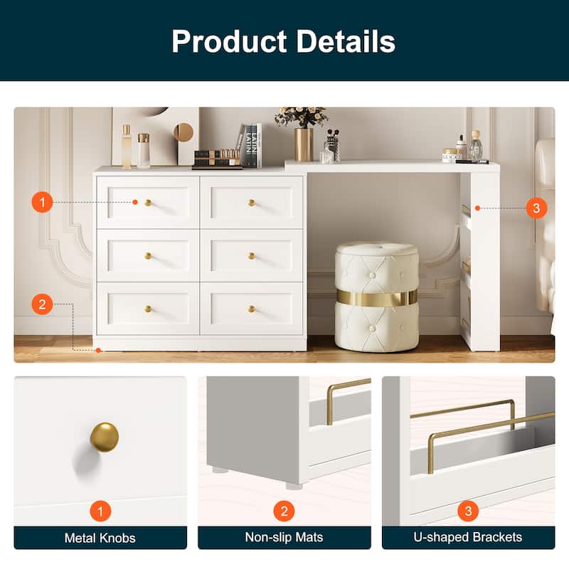 Extendable Makeup Vanity Desk with 6 Drawers