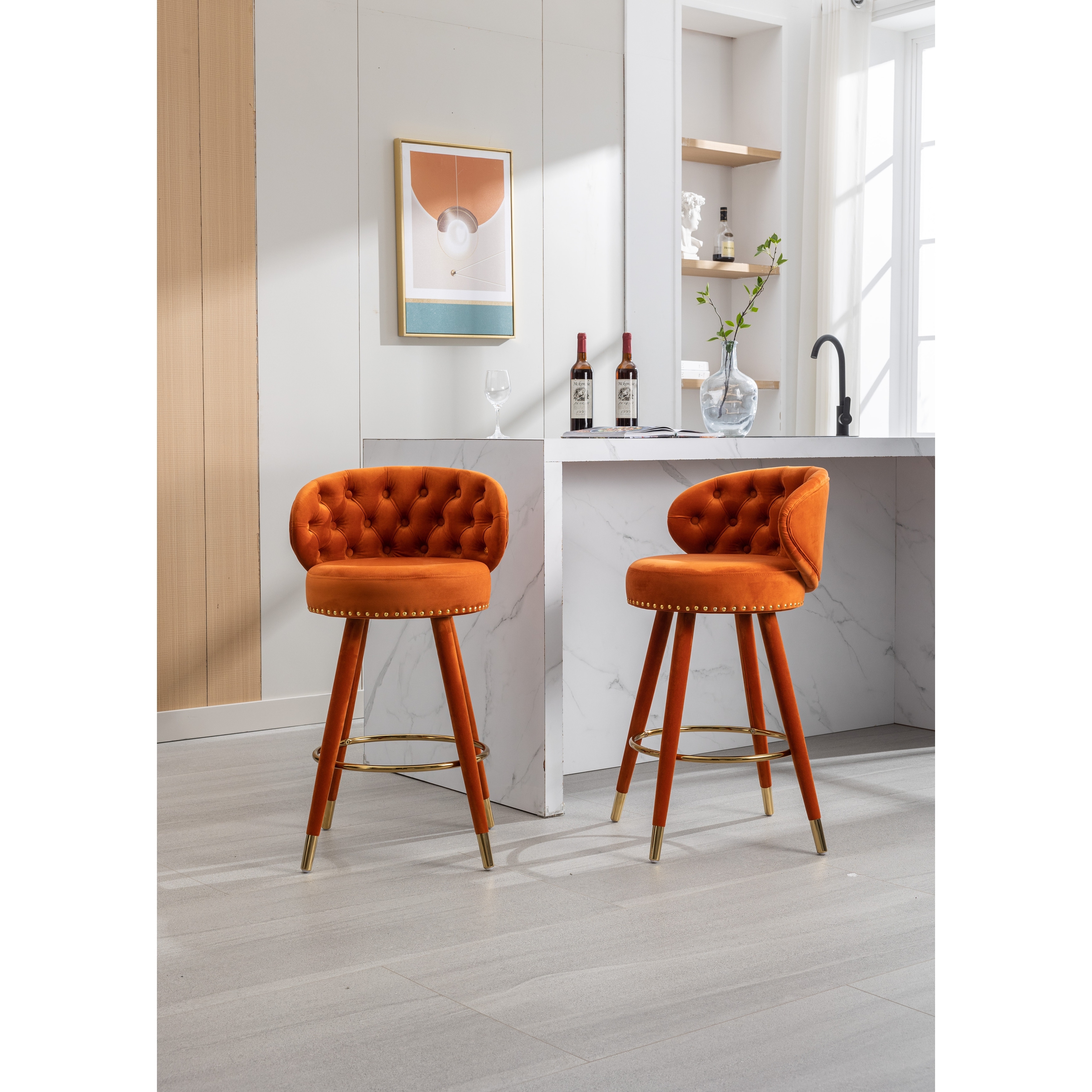 Orange Velvet Barstools Set of Counter Height Bar Stools Button