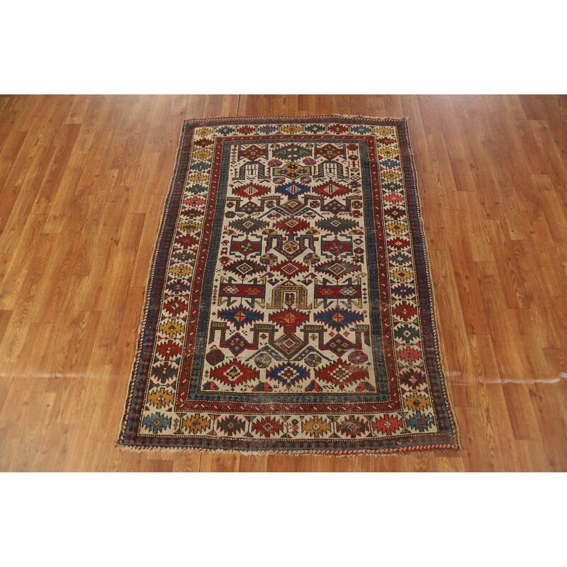 Hand Knotted Oriental 100% Wool Carpet Traditional Tribal Beige & Ivories Kazak Area Rug - 4' 11'' X 3' 4''