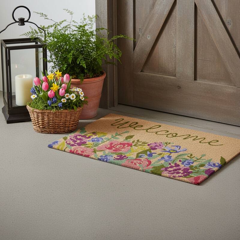 HomeRoots 24" X 36" Brown Green And Pink Floral Welcome Outdoor Coir Door Mat - 24.00' X '36.00 - 24.00' X '36.00