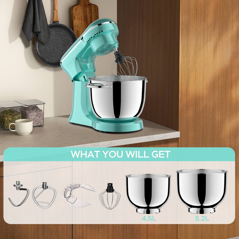 Dual Bowl Electric Stand Mixer 5.2L + 4.5L, 10 Speed Kitchen Mixer with Timer, Stainless Steel Bowls