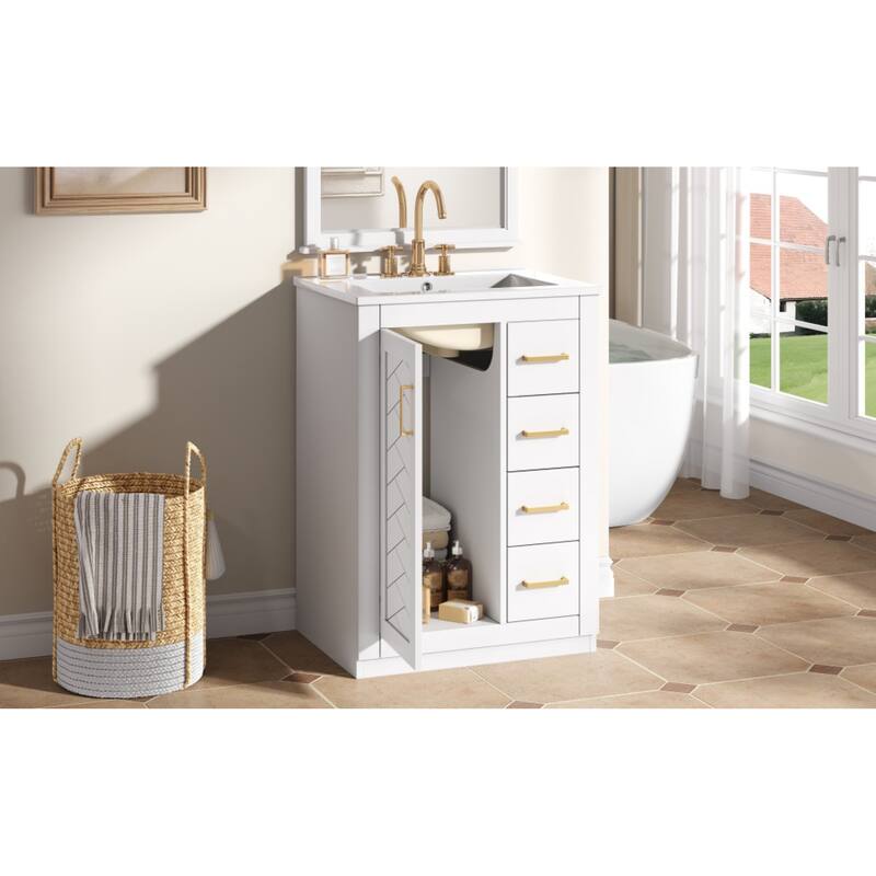 Roomfitters 24 Inch Bathroom Vanity with Integrated Ceramic Sink, Storage Cabinet with 3 Sliding Tiers & Soft Close Door