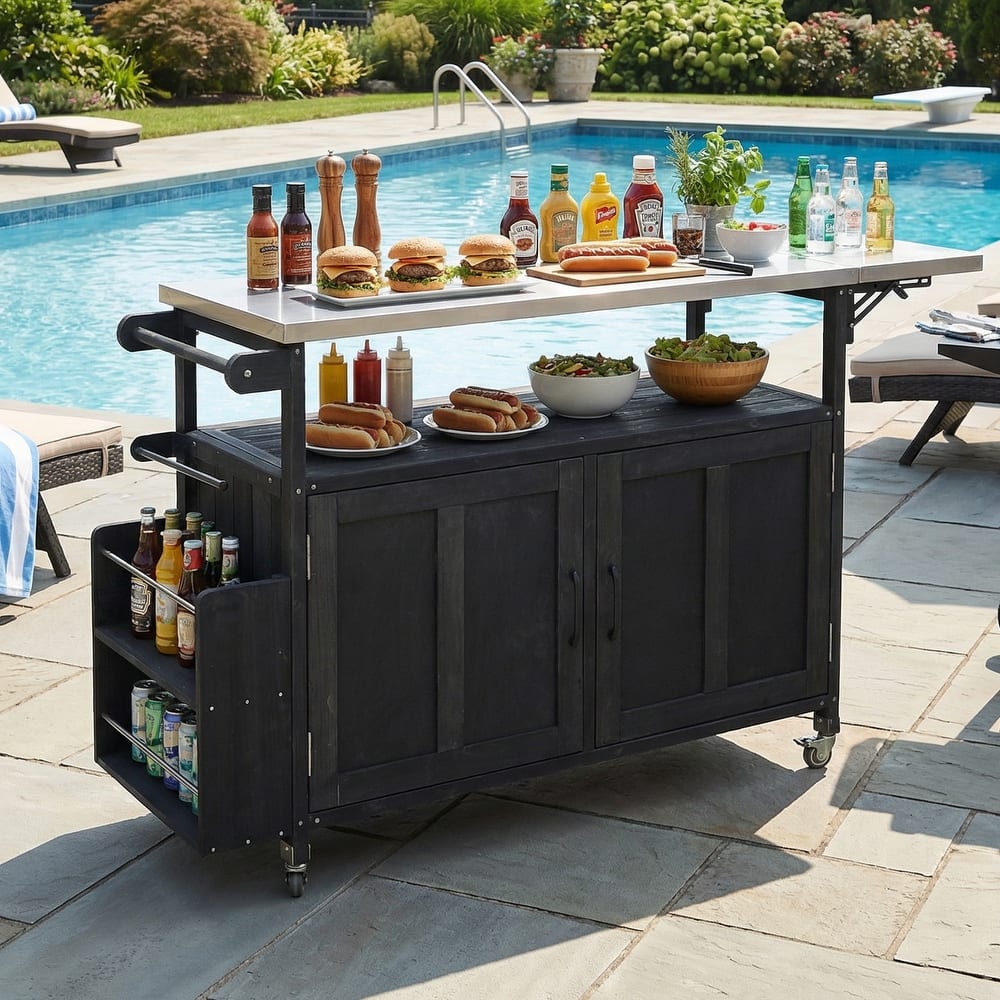 Portable Foldable Outdoor Kitchen Cart with Storage Cabinet and Lockable Wheels