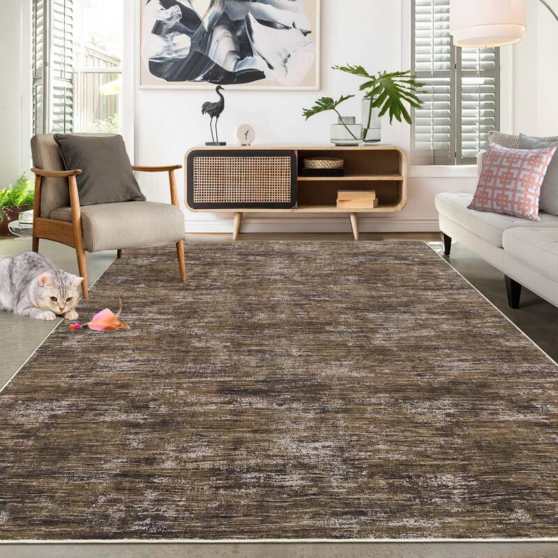 Rugs for Living Room Modern Abstract Area Rug Non-Slip Low Pile Accent Rug Soft Foldable Solid Rug - 10'x13' - Brown