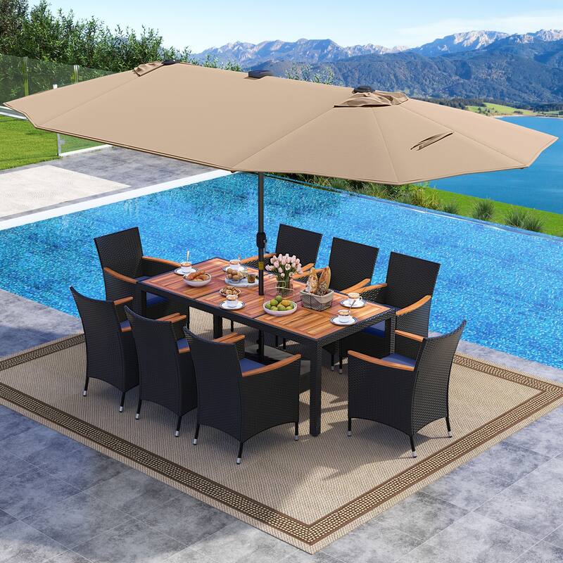 Gymax 11 PCS Patio Dining Set w/ 15ft Double-Sided Patio Umbrella - Brown