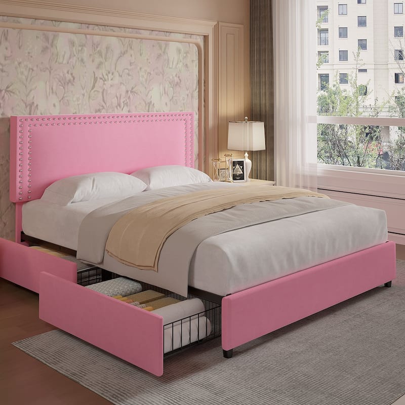 VECELO Upholstered Storage Bed Frames with 4 Storage Drawers Platform Bed Frame with Adjustable Velvet Rivets Headboard - Pink - Queen