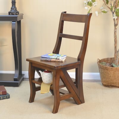 2 in 1 Solid Folding Library Ladder Chair - 34" - Chestnut Brown