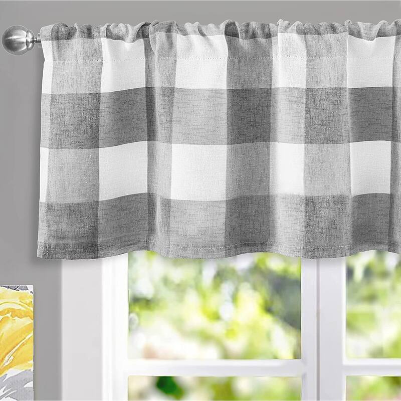 DriftAway Buffalo Check Woven Plaid Pattern Lined Blackout Rod Pocket Window Curtain Valance - 52" width x 18" length - Grey
