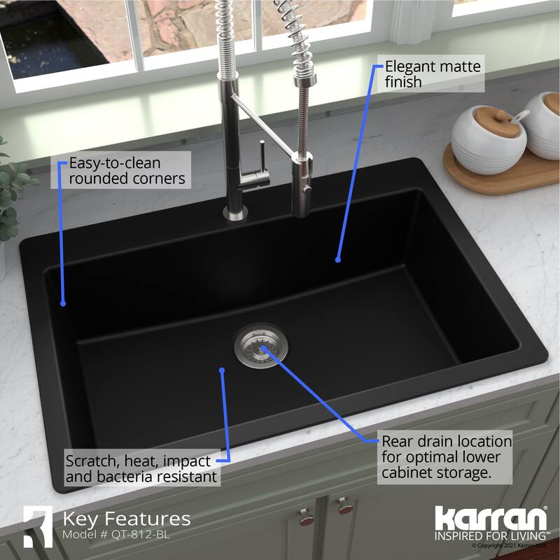 Karran QT-812 Top Mount 33 in. Large Single Bowl Quartz Kitchen Sink in Black With Kitchen Faucet in Matte Black