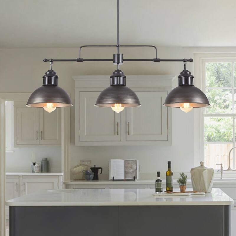 Industrial 3-Light Dome Kitchen Island Pendant - Brushed Black Grey - Black Grey