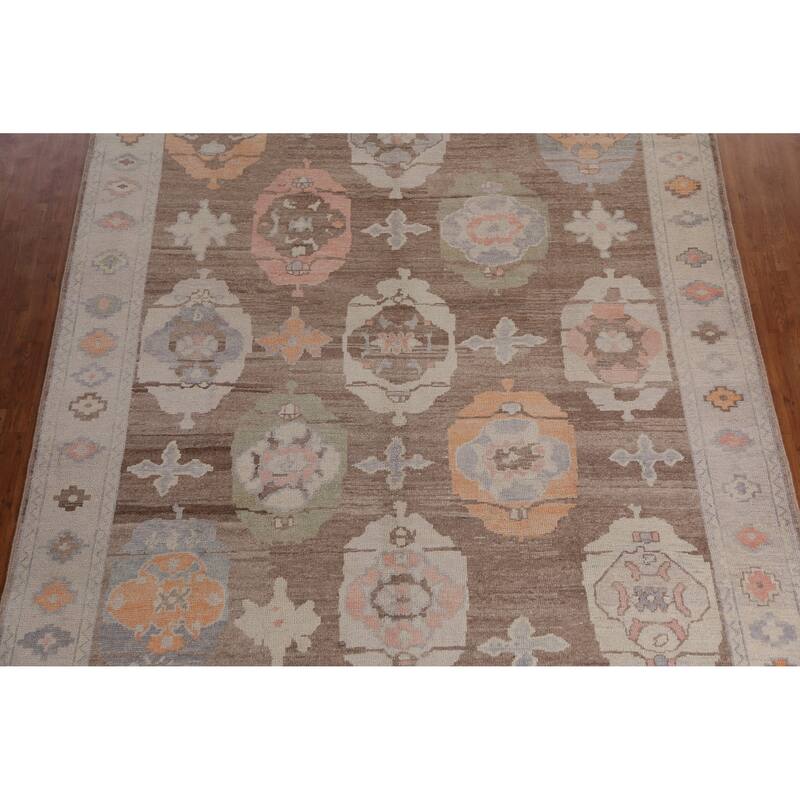 Hand Knotted Oriental 100% Wool Carpet Transitional Geometric Brown Oushak Area Rug - 12' 2'' X 8' 11''