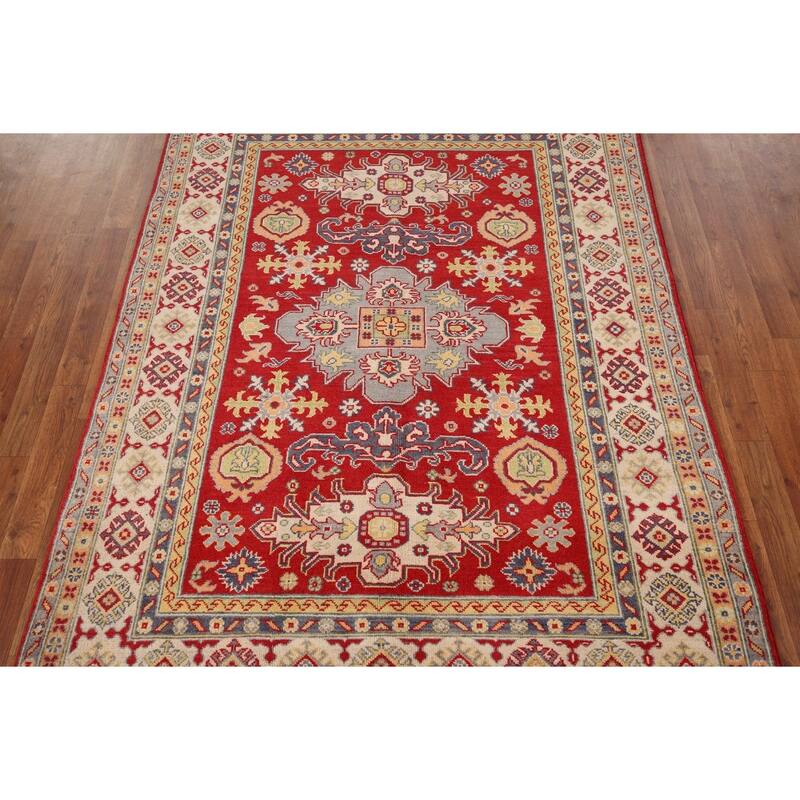 Red Geometric Kazak Area Rug Handmade Traditional Oriental Wool Carpet - 4'10" x 6'8"