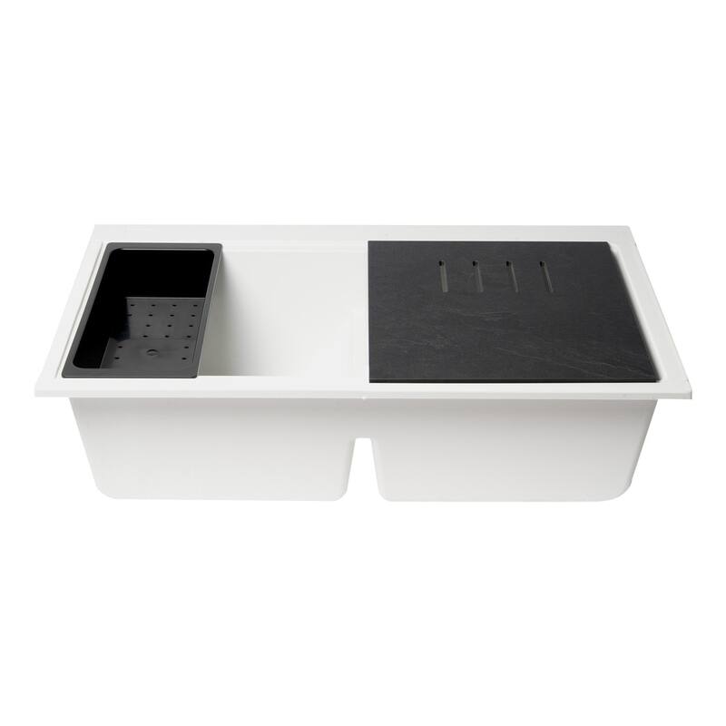 ALFI brand AB3418DBUM-W White 33" Granite Composite Workstation Step Rim Double Bowl Undermount Sink with Accessories