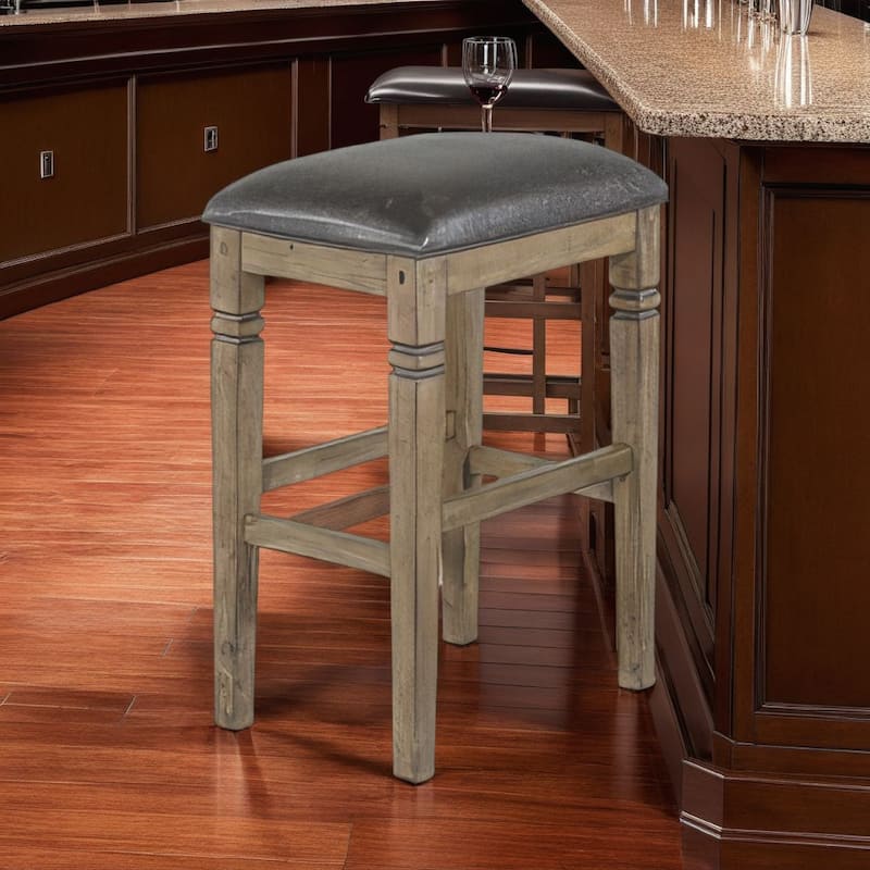 Yael Barstool, Set of 2, Black Faux Leather Cushioned, Taupe MahoganyWood
