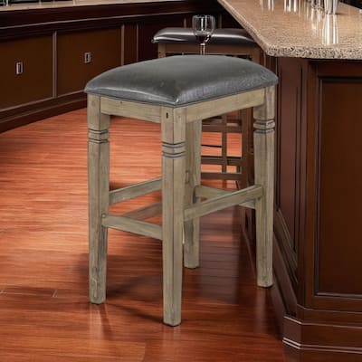 Yael Barstool, Set of 2, Black Faux Leather Cushioned, Taupe MahoganyWood