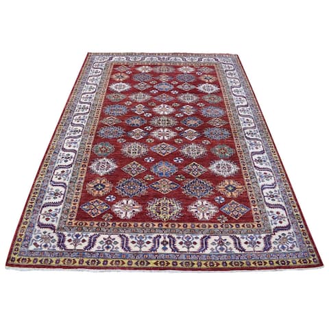 Shahbanu Rugs All New Hand Knotted Red In A Colorful Palette Pure Velvety Wool Super Kazak Oriental Rug (5'6" x 8'1")