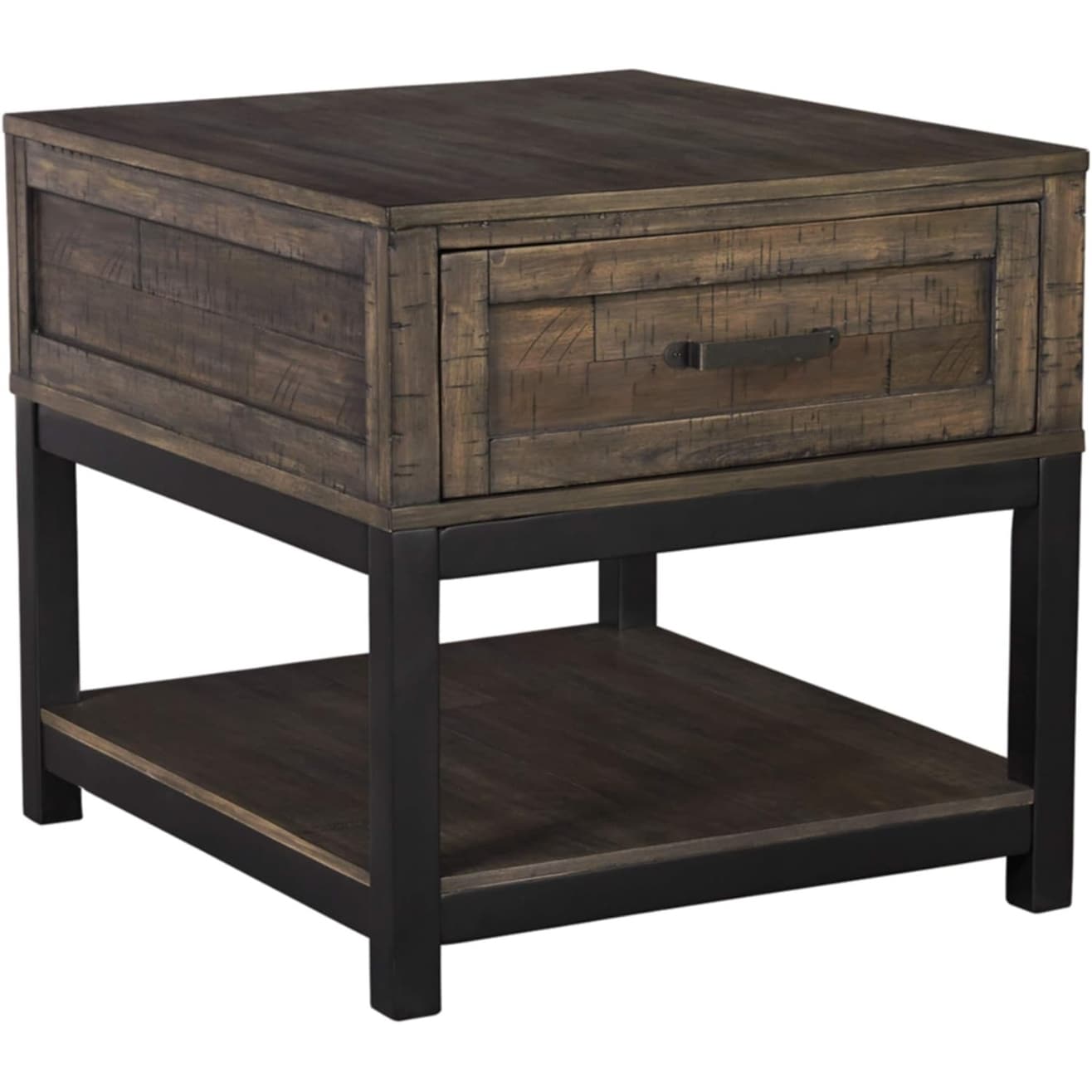Rustic Square End Table with Drawer and Lower Shelf, Two-Tone Brown and Black Finish