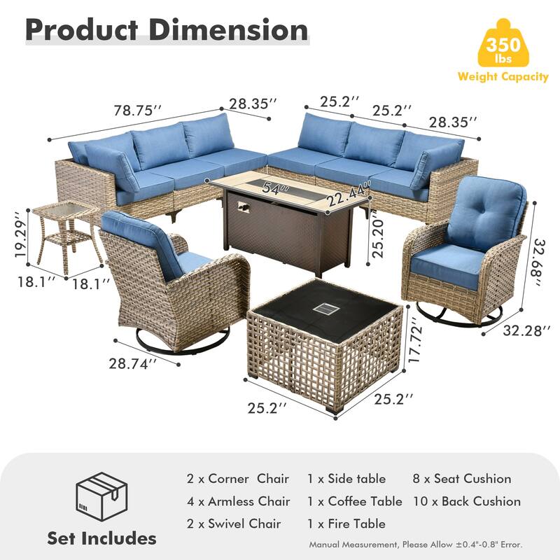 OVIOS 11 Pieces Outdoor Wicker Swivel Chair Set With Fire Table