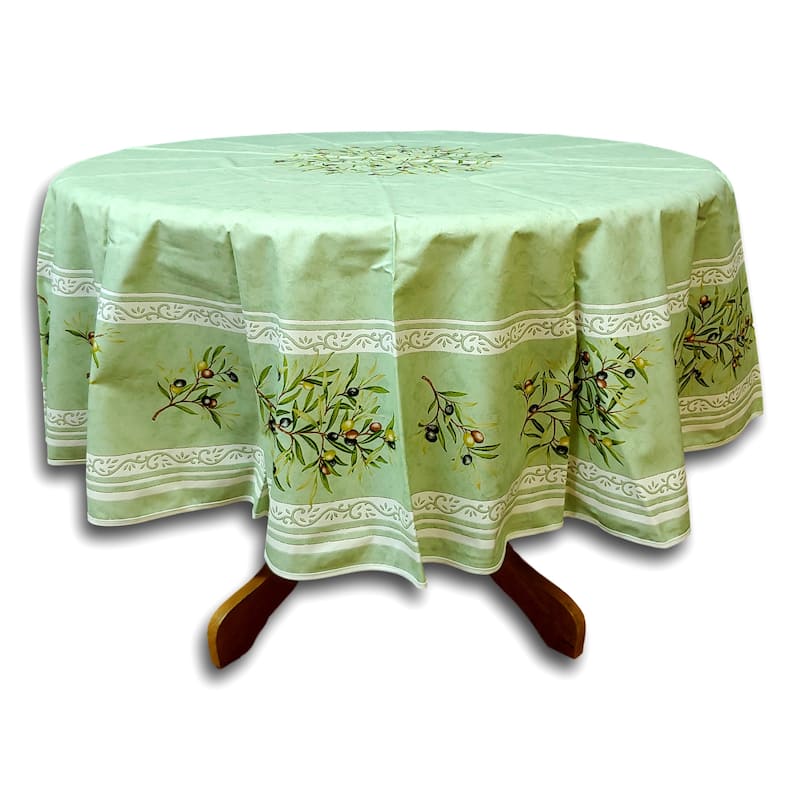 Wipeable Spill Resistant Provencal Cotton Cannes Collection Tablecloth - 71-in Round - Green Olives