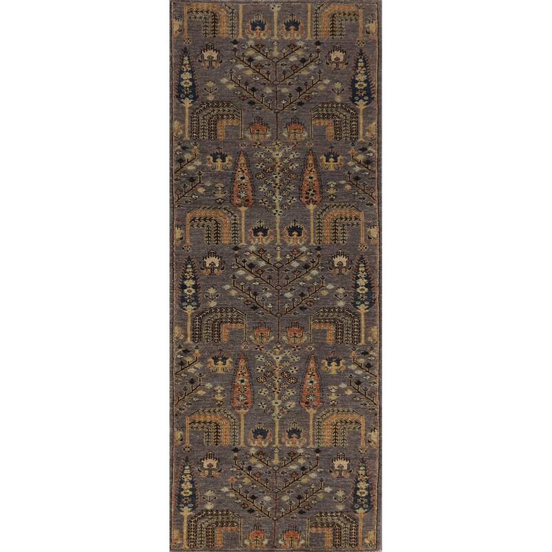 Hand Knotted Oriental 100% Wool Carpet Transitional Floral Greys & Charcoal Oushak Runner Rug - 9' 9'' X 2' 10''