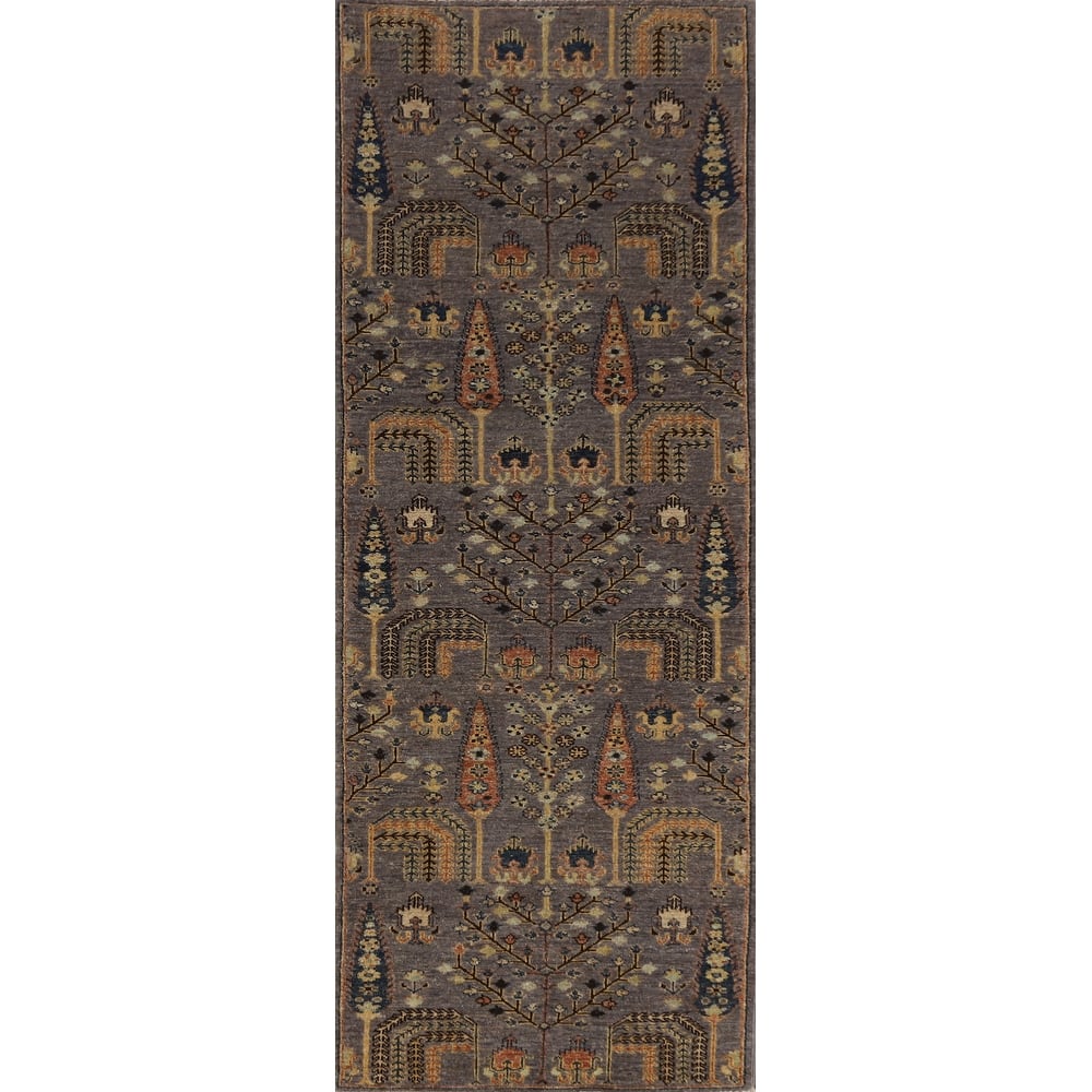 Hand Knotted Oriental 100% Wool Carpet Transitional Floral Greys & Charcoal Oushak Runner Rug - 9' 9'' X 2' 10''