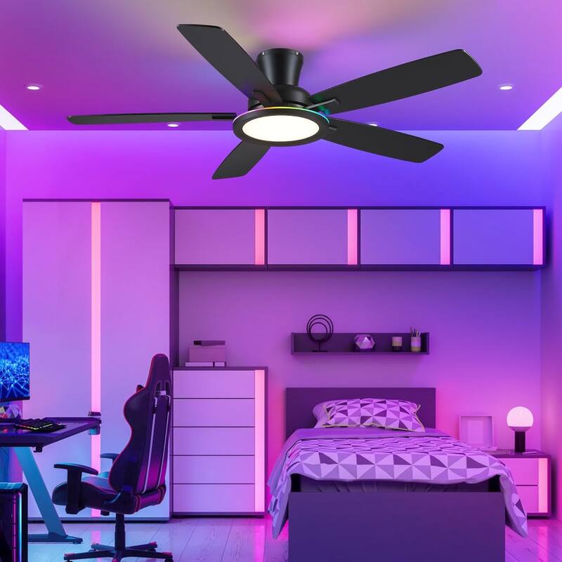 52 Inch Flush Mount Low Profile Ceiling Fan with Light,Remote and App Control