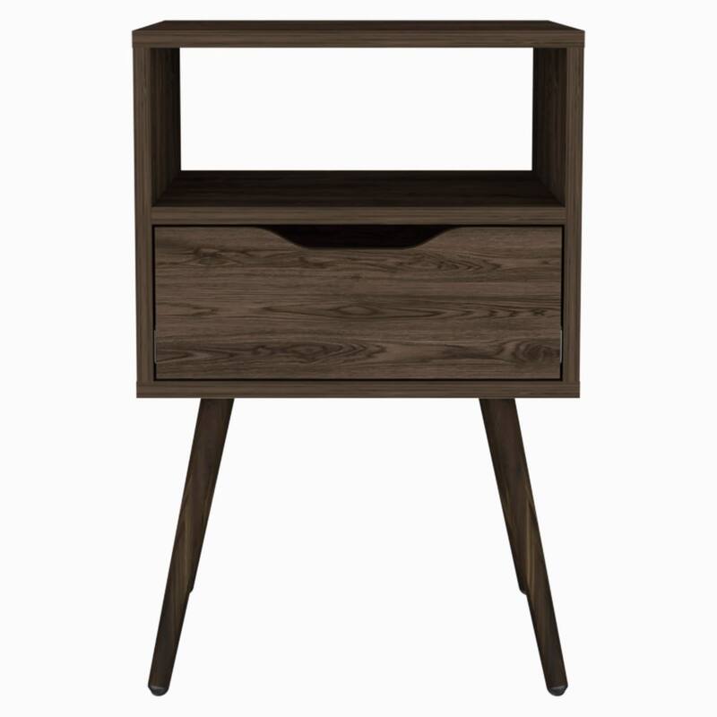 Modern Nightstand with Drawer and Open Shelf, Dark Walnut Finish, Space-Saving Design