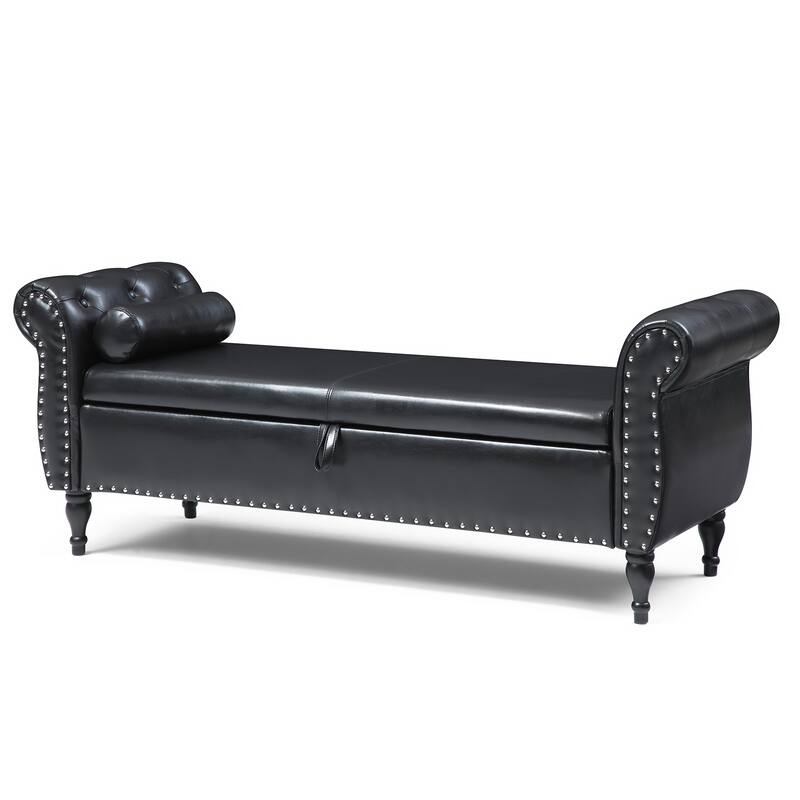 63" PU Upholstered End of Bed Bench Flip Top Entryway Ottoman with Safety Hinge Storage Rectangular Sofa Stool Buttons