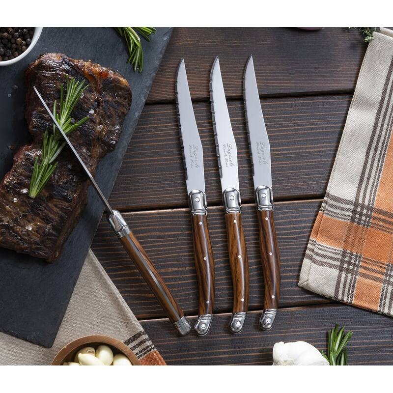 French Home Set of 4 Laguiole Steak Knives, Wood Grain - Silver