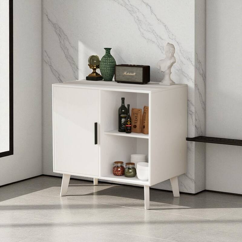 Modern Accent Storage Cabinet with Solid Wood Legs, White Patterned Door and Shelves for Dining Room or Hallway