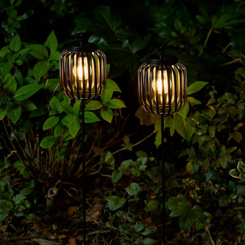 Glitzhome Metal Stripes Waterproof Solar Powered Outdoor Lantern with Garden Stake