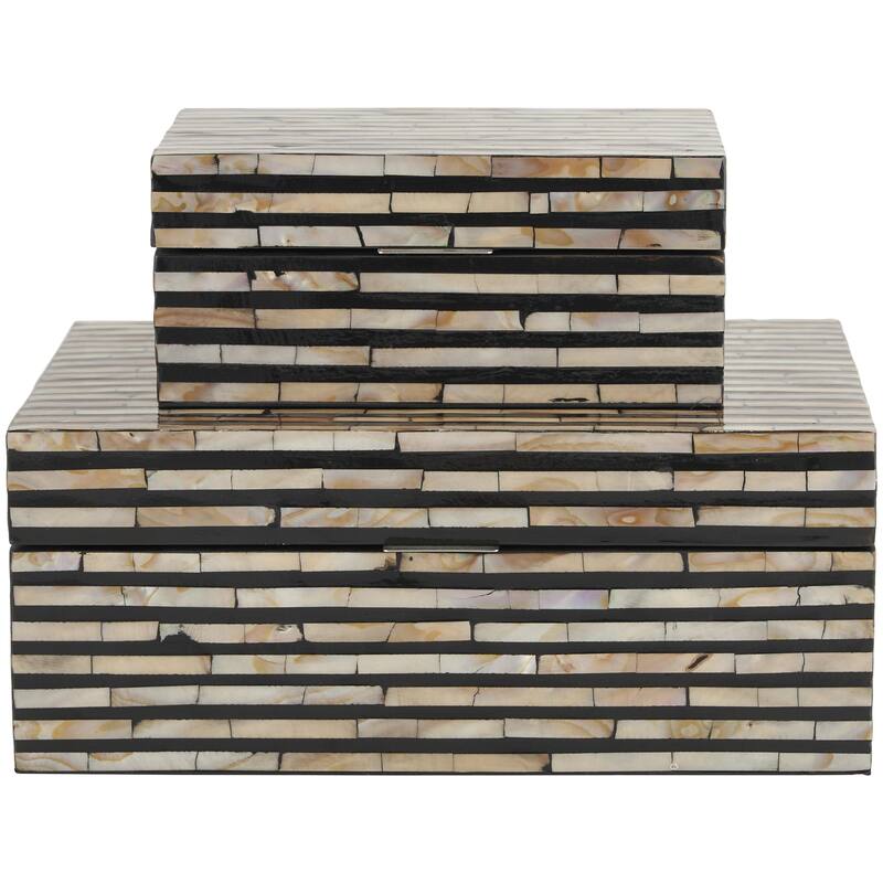 Mother of Pearl Shell Handmade Decorative Box - Set of 2 Beige, Black, Cream, White, Blue, Light Blue - Roche River Decor