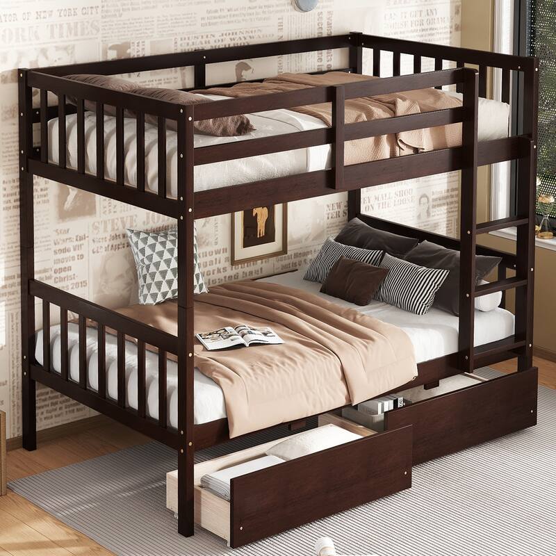 Convertible Twin Over Twin Bunk Bed with 2 Drawers, Ladder, and Safety Guardrails, Espresso Finish